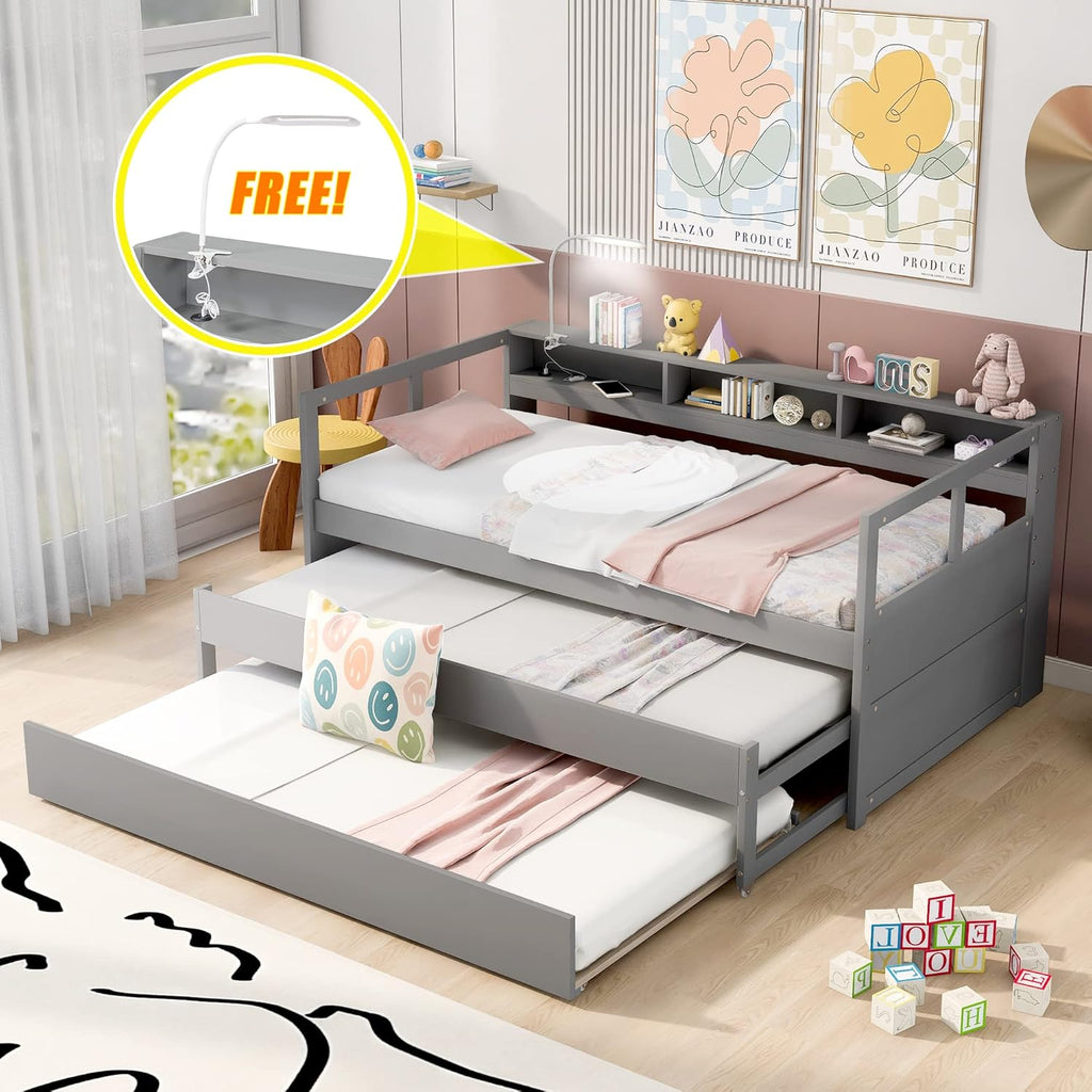 Twin XL Daybed with 2 Trundle Beds Wood Platform Bed with Storage Headboard Gray k7m
