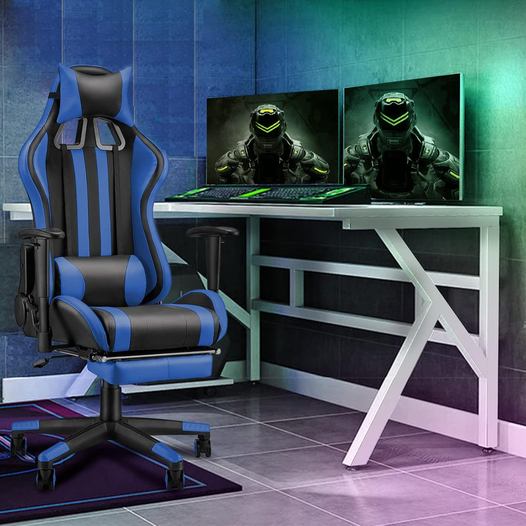 Ergonomic Gaming Chair with Footrest and Adjustable Headrest Lumbar Pillow Reddish Blue k7m