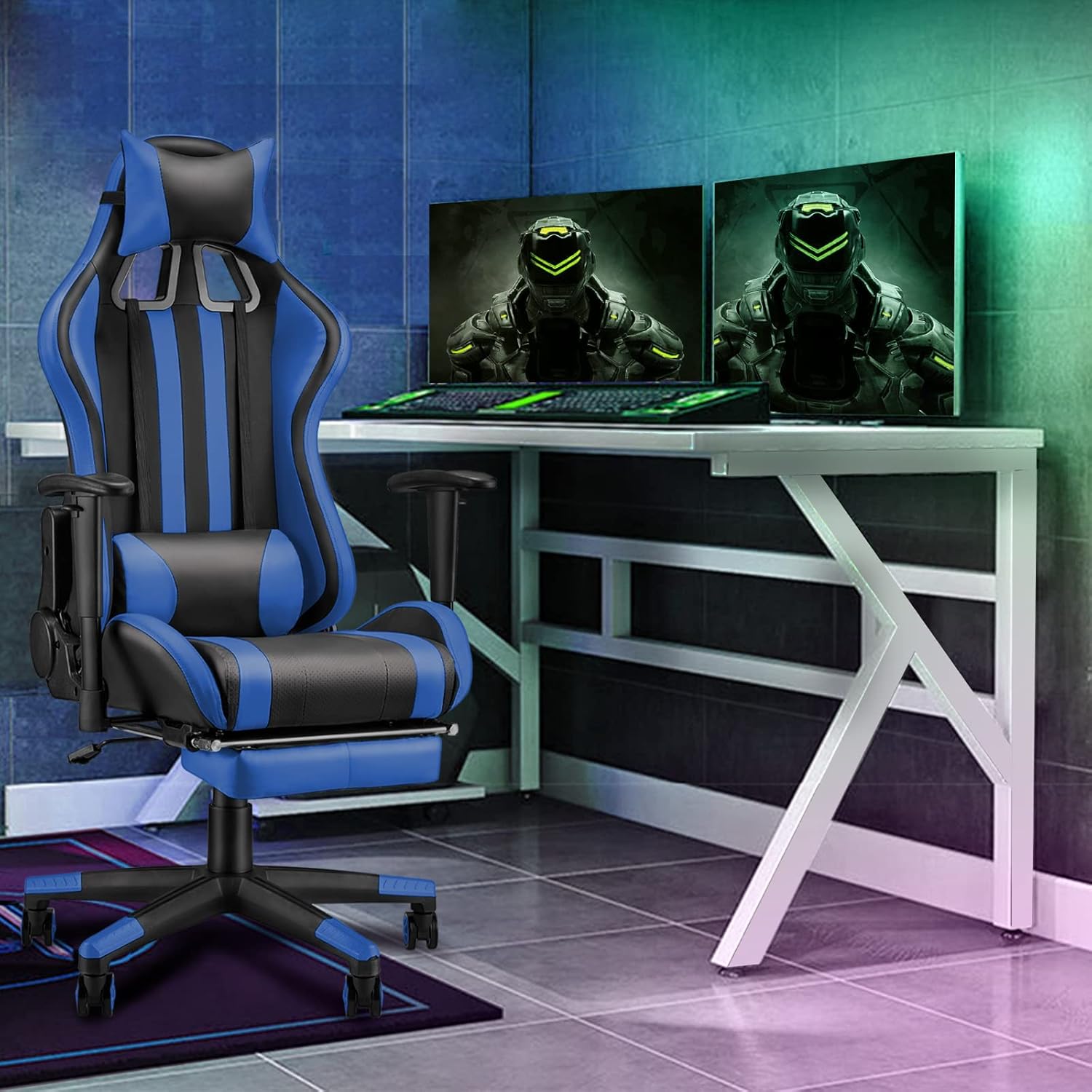 Ergonomic Gaming Chair with Footrest and Adjustable Headrest Lumbar Pillow Reddish Blue k7m