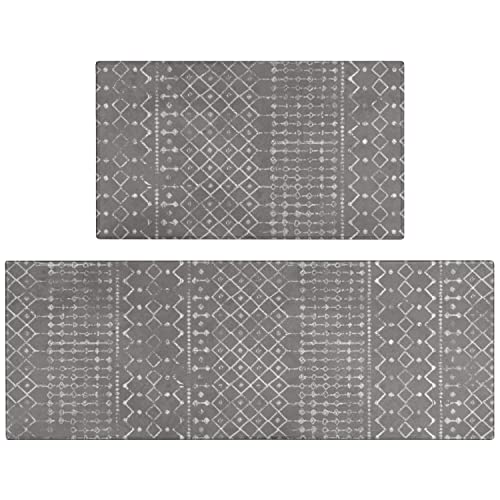 Boho Kitchen Mat Set of 2,Modern Farmhouse Kitchen Rugs and Mats Non Skid Washable,Moroccan Boho Runner Rugs with Rubber Backing for Kitchen Decor and Accessories (Dark Grey 17"x47"+17"x30")