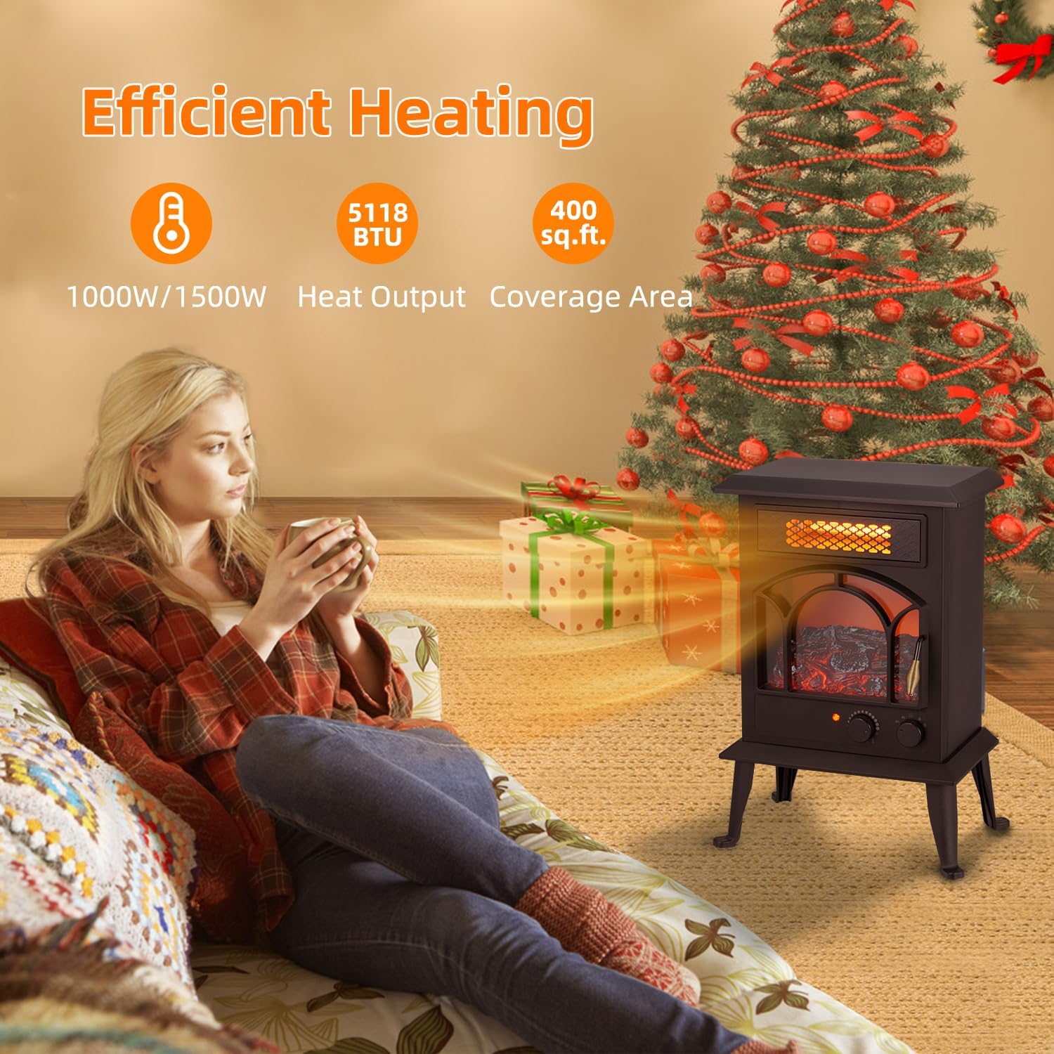 Electric Fireplace Heater 1500W Portable Infrared Stove with Flame Effects k7