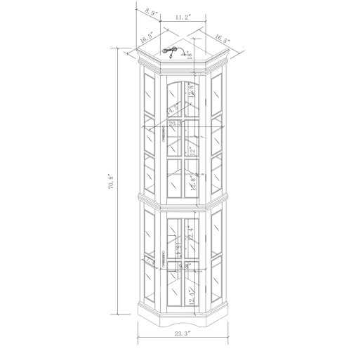 Corner Curio Cabinet with 5 Shelves and Lighting, Tempered Glass Doors Oak k7m