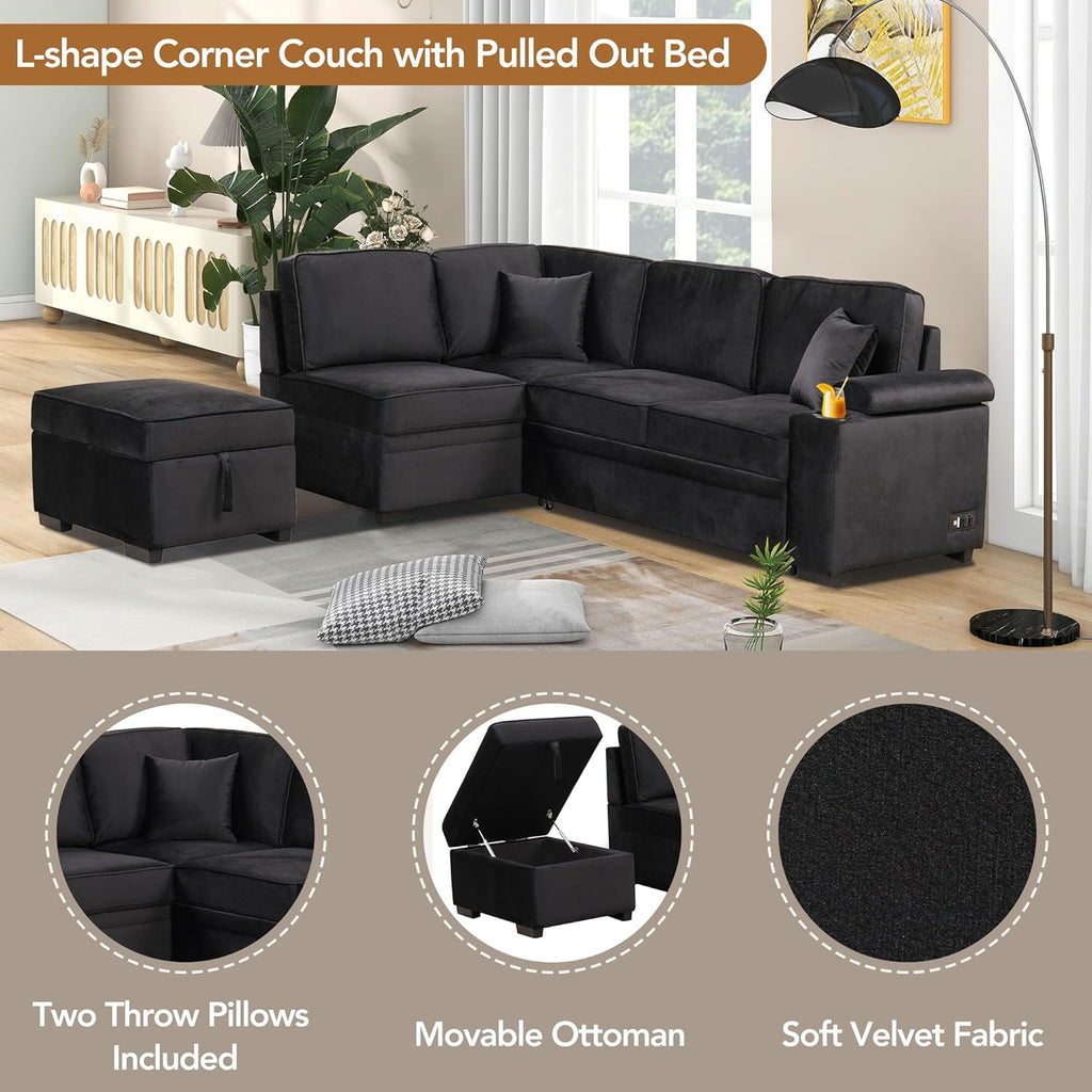 87.4'' Sleeper Sofa Bed 2 in 1 L Shape Couch with Storage Ottoman Black k7