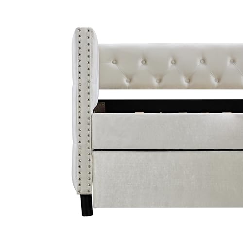 Velvet Tufted Twin Daybed with Trundle Beige k7
