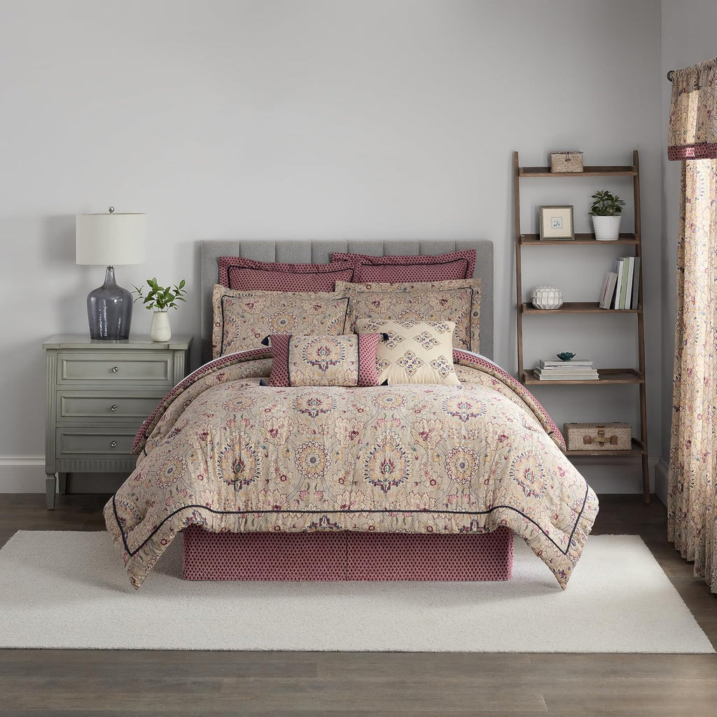 Cotton Comforter Set Queen, Beige & Maroon, 4 Piece Bedding a7
