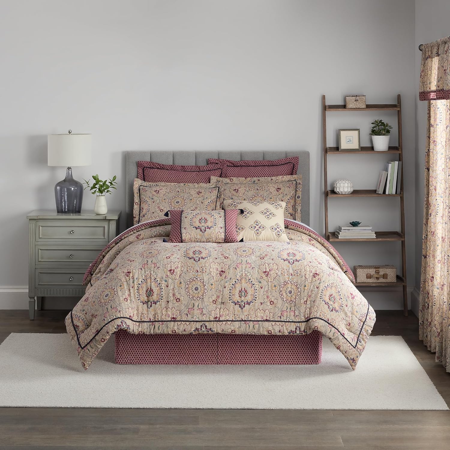 Cotton Comforter Set Queen, Beige & Maroon, 4 Piece Bedding a7