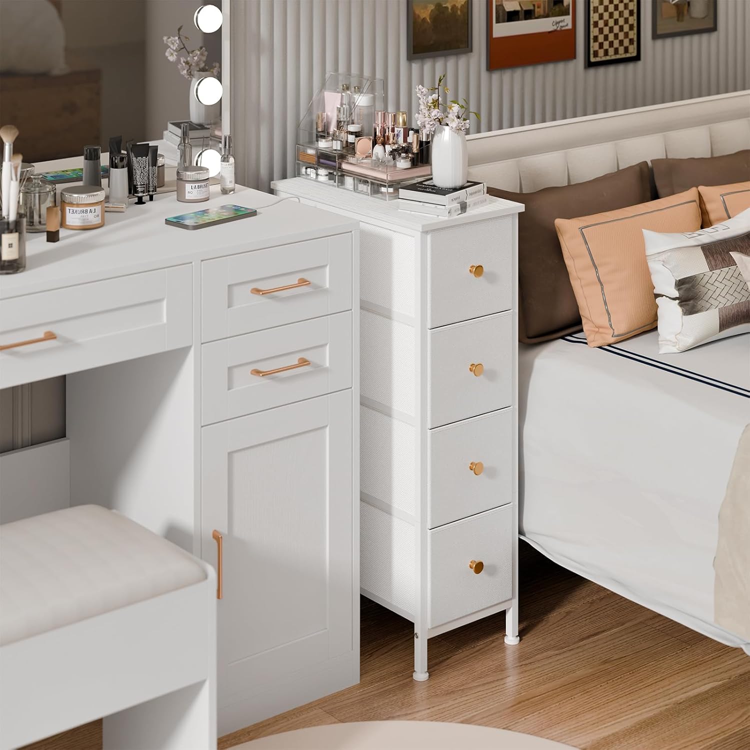 Narrow Storage Cabinet with 4 Drawers, Slim Fabric Tower for Small Spaces, White with Steel Frame and Wood Top k7m