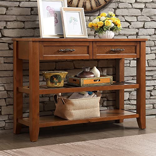 Console Sofa Table with 2 Drawers and Shelves, Solid Wood Buffet, Antique White k7