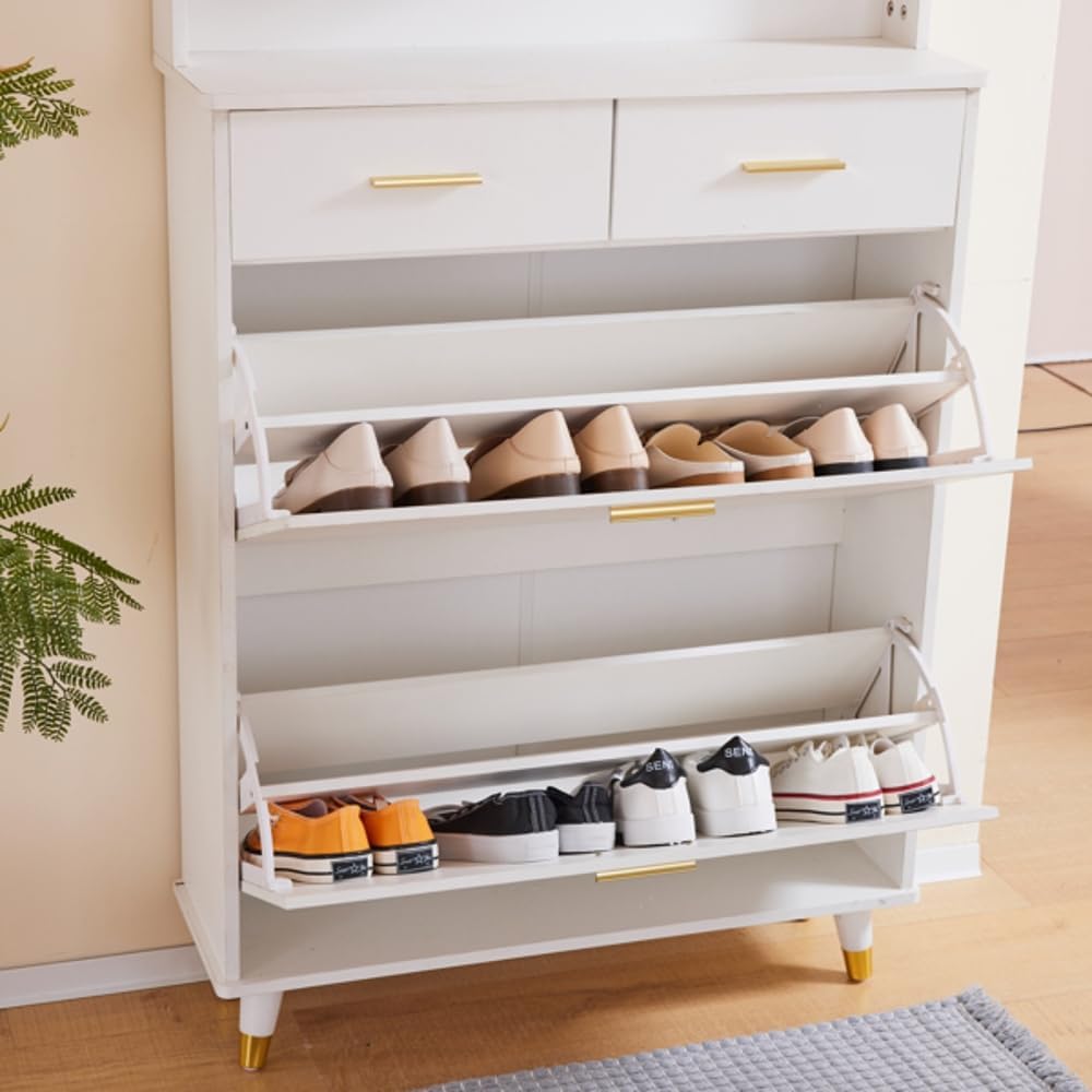 Multi-Functional Entryway Armoire with Drawers and Shoe Storage White k7