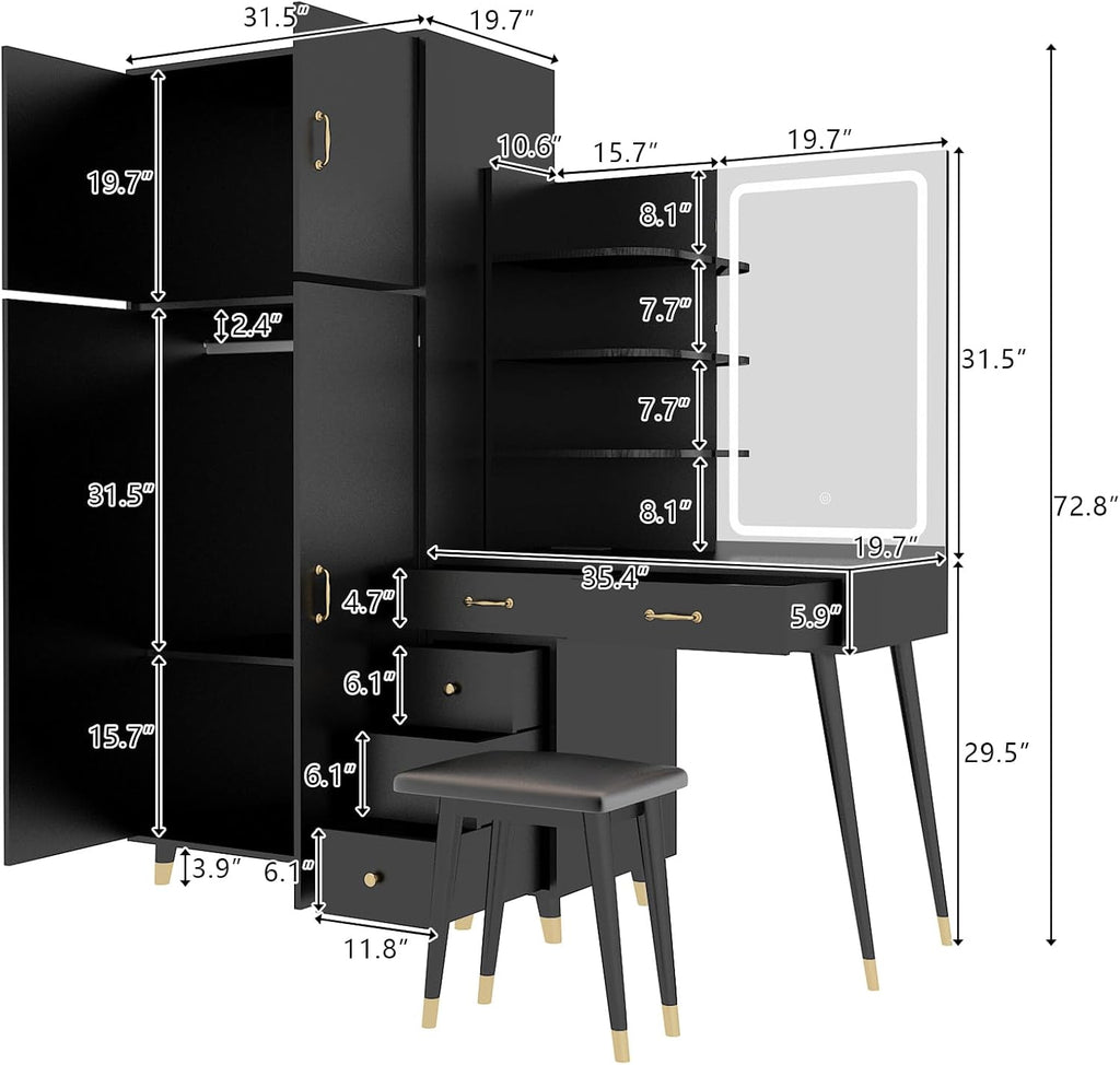 Black Vanity Desk with Mirror and Stool Set 4d