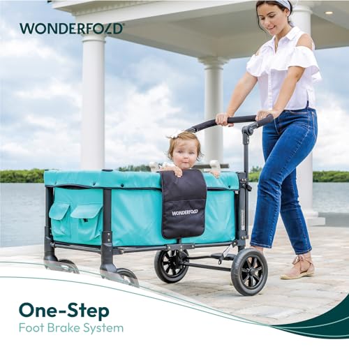 Collapsible Double Stroller Wagon with Seats and Sun Canopy Teal Green k7