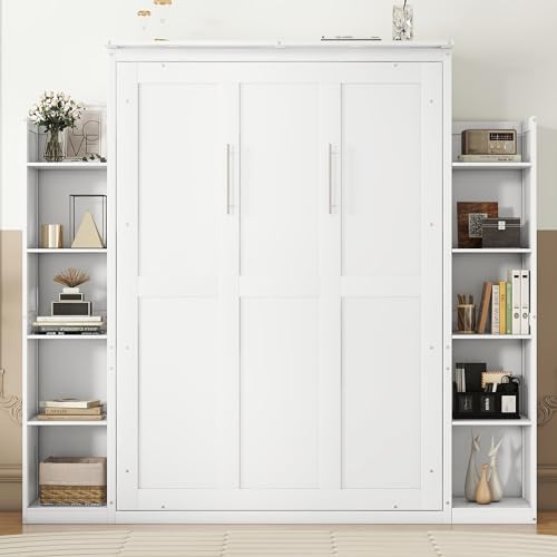 Murphy Bed Wall Bed with Shelves and LED Lights, Foldable Wood Cabinet White q7