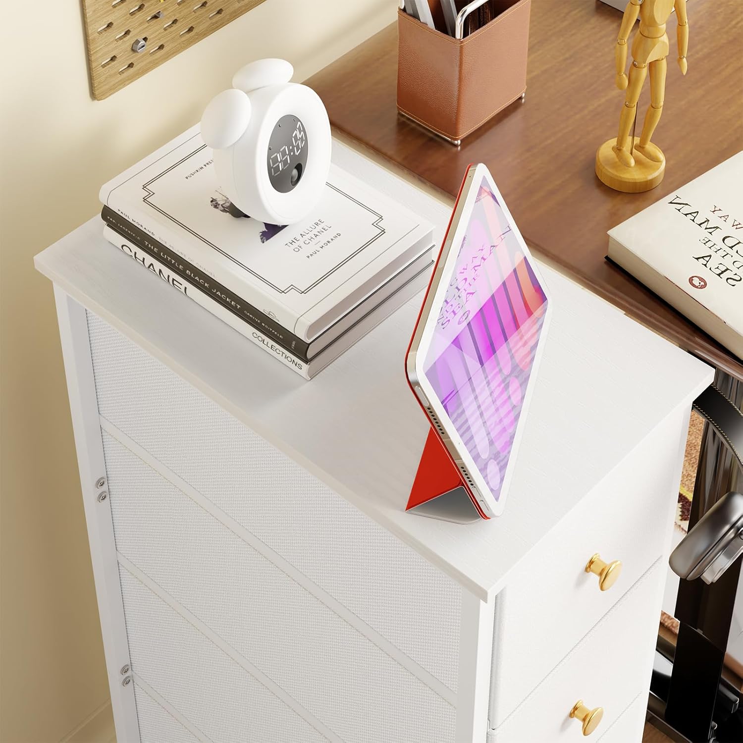 Narrow Storage Cabinet with 4 Drawers, Slim Fabric Tower for Small Spaces, White with Steel Frame and Wood Top k7m