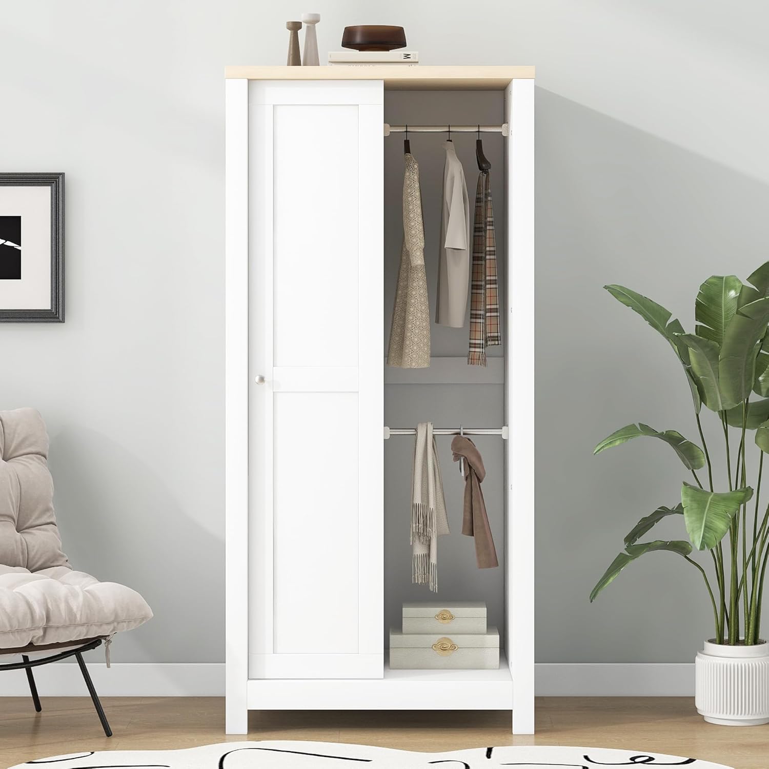 Wardrobe Closet Organizer with 2 Drawers and Hanging Rods White k7m