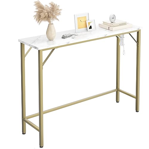 GAOMON 9.1" Narrow Console Table with Outlets, Sofa Table Behind Couch Table for Living Room, Entryway Table with Metal & MDF, Industrial Hallway Table for Entryway, Foyer-Gold