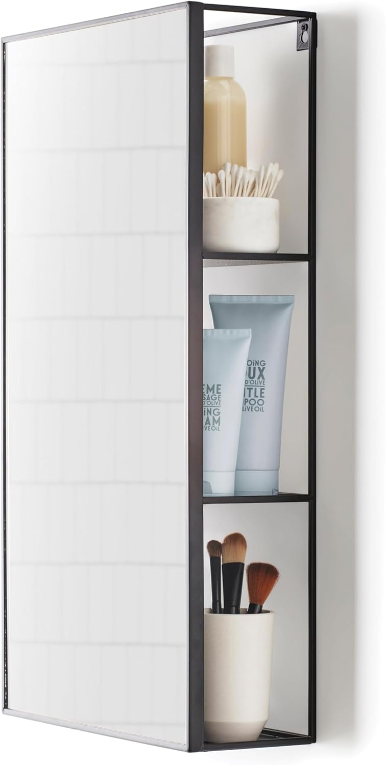 Umbra Cubiko 24x12" Rectangular Black Metal Bathroom Mirror Storage Cabinet with 3 Shelves