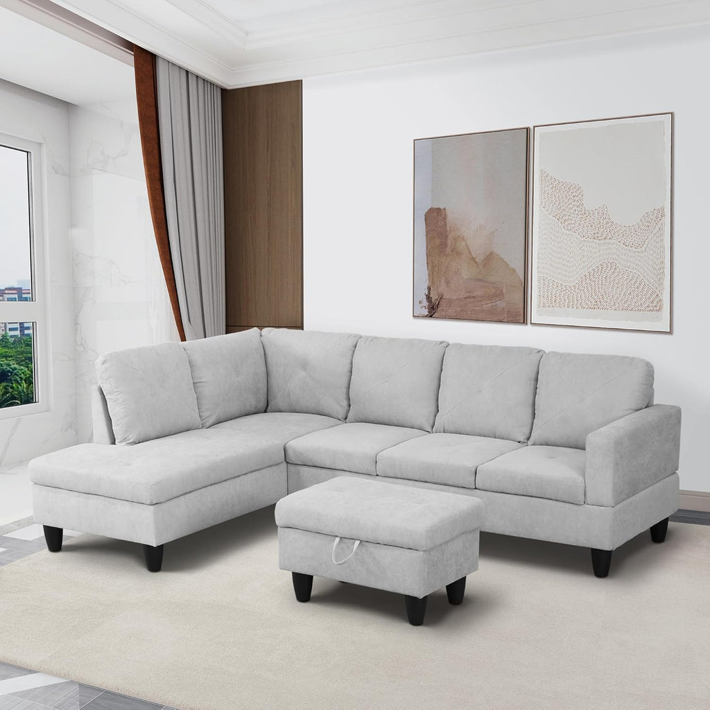 97" L-Shaped Corner Sofa with Left Chaise & Movable Storage Ottoman, 6 Seat Flannelette Fabric Sectional Couch, Wood Legs & Frame, Modern Modular Sofa&Couches for Living Room, Apartment