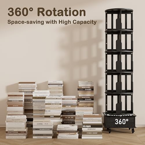 Solid Wood Rotating Bookshelf 360 Display with Drawer 5-Tier Mobile Tower k7p