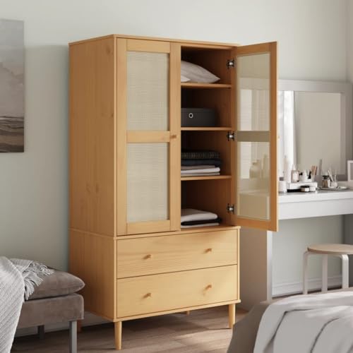 Wardrobe Rattan Look Solid Pine Wood 35.4x21.7x68.9 in q7