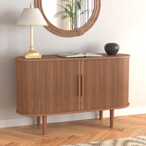 47" Sideboard Tambour Storage Cabinet, Black Corner Cabinet with Doors and Shelves, Fluted Sideboard Cabinet for Kitchen, Entryway and Living Room