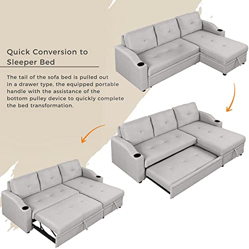 Pull Out Sofa Bed Linen Fabric 3 Seater with Storage Chaise k7p