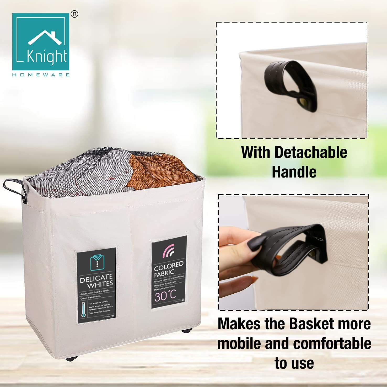 Collapsible Laundry Basket with Wheels 120L Ivory a7