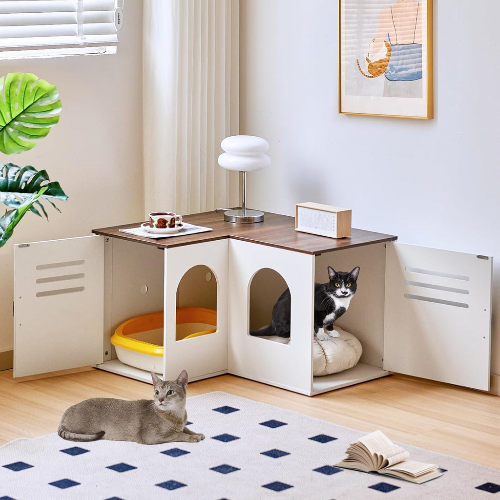 Corner Litter Box Enclosure for Two Cats, Hidden Cabinet Furniture a7