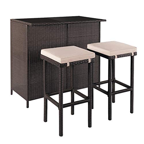 Outdoor Bar Set 3-Piece Brown Wicker Patio Furniture with Cushions q7m