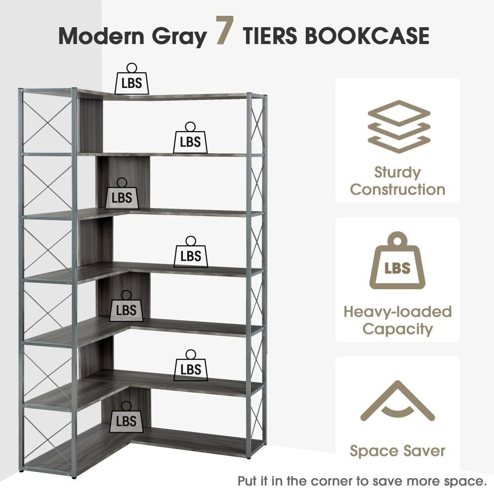 Industrial Corner Bookcase Bookshelf Silver MDF k7
