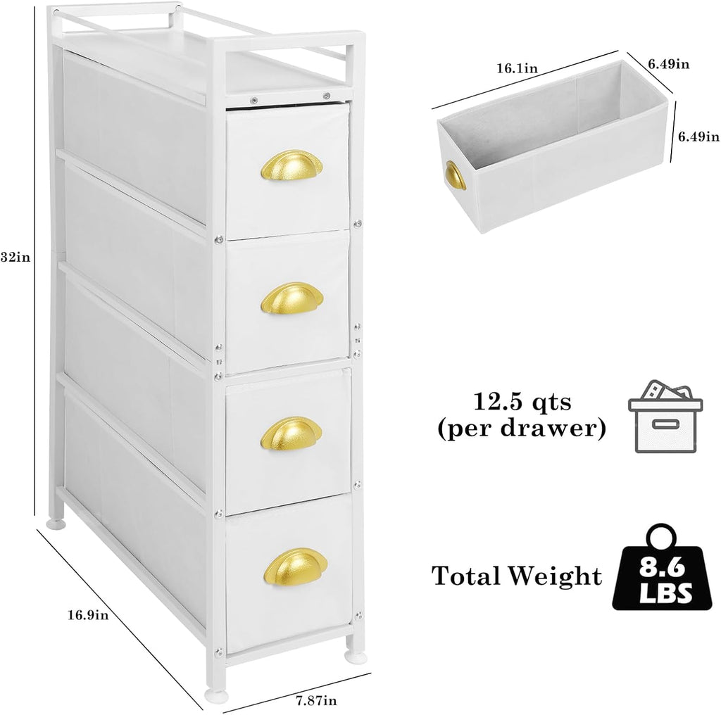 Narrow Dresser 4 Drawers Fabric Storage Cabinet White k7m