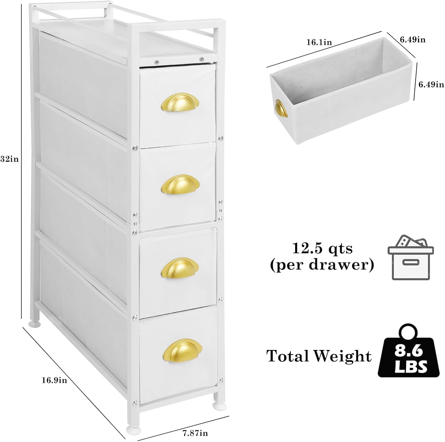 Narrow Dresser 4 Drawers Fabric Storage Cabinet White k7m