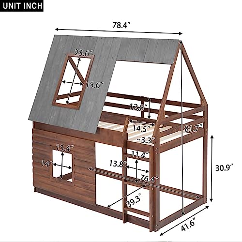 Twin Over Twin Bunk Bed House with Roof and Windows Wood Frame Oak Smoky Grey k7
