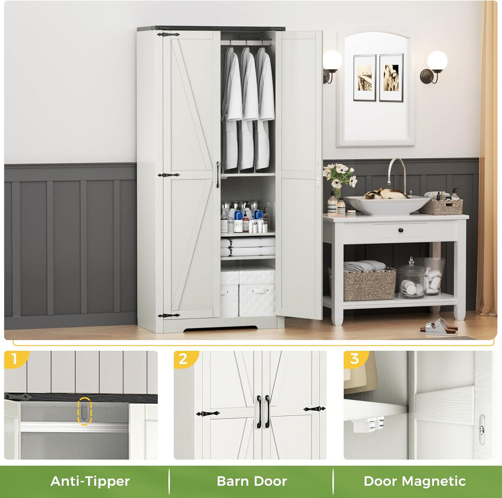 Wardrobe Cabinet with Doors and Hanging Rod, White, 72 Inch a7