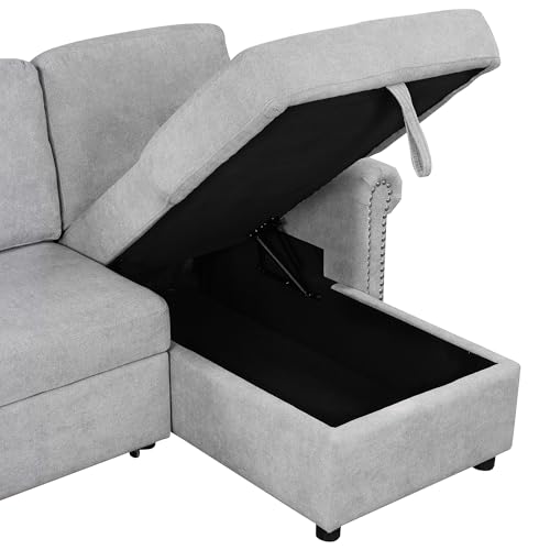 L Shaped Convertible Sleeper Sectional Sofa with Storage Chaise Gray k7