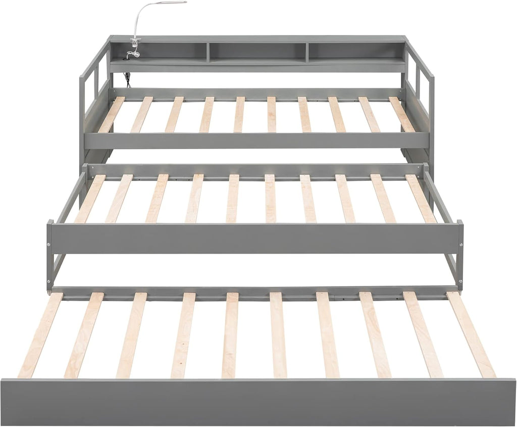 Twin XL Daybed with 2 Trundle Beds Wood Platform Bed with Storage Headboard Gray k7m