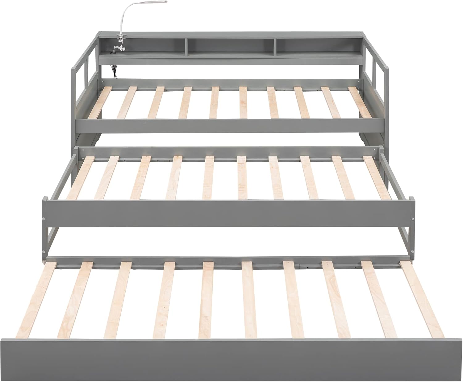 Twin XL Daybed with 2 Trundle Beds Wood Platform Bed with Storage Headboard Gray k7m