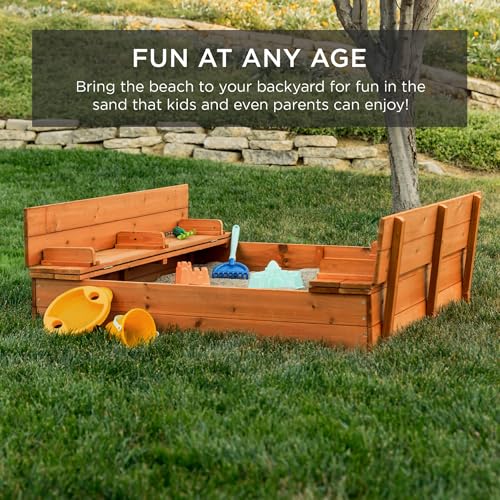 Kids Outdoor Wooden Sandbox with Foldable Bench Seats a7
