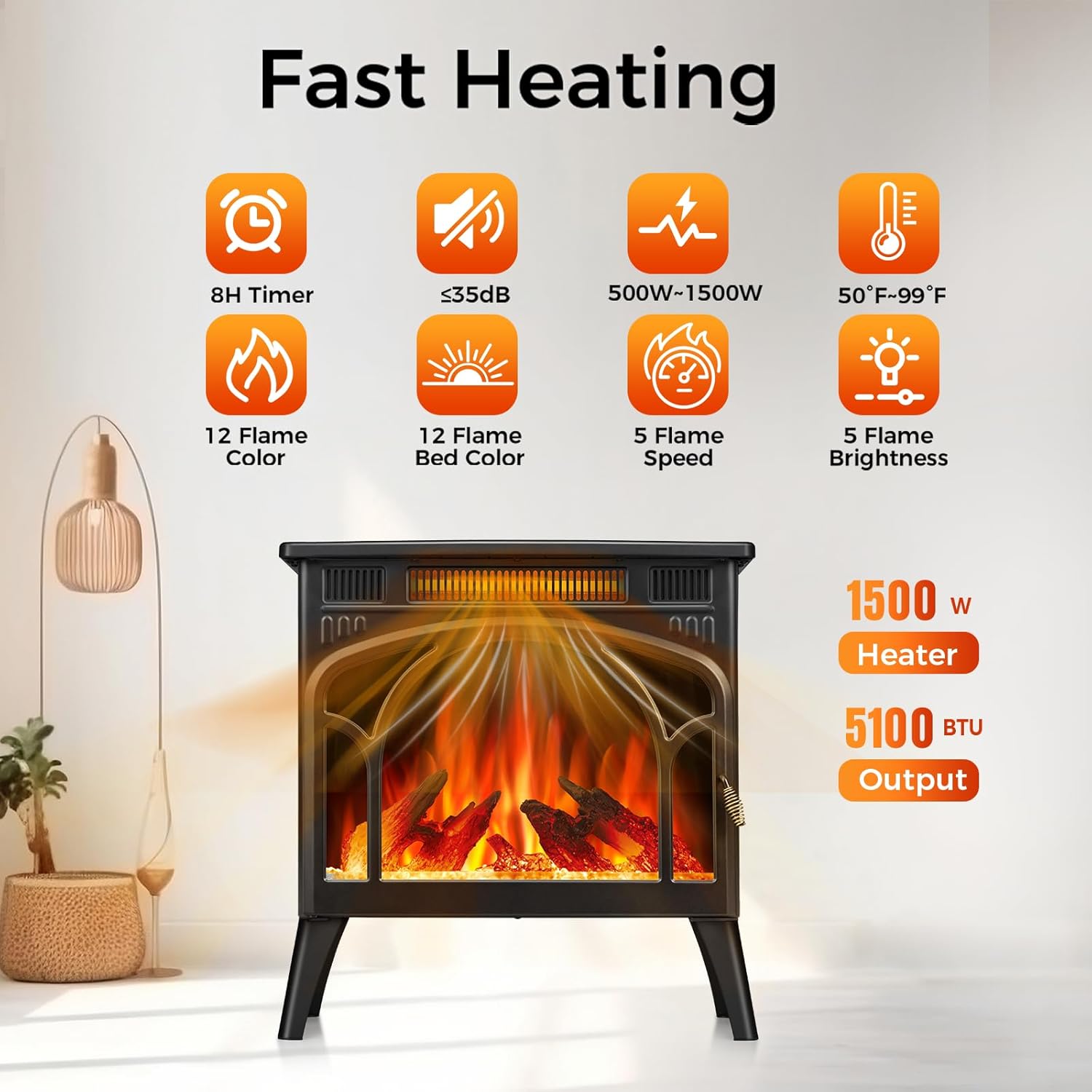 Electric Fireplace Heater with Remote Control and Timer a7