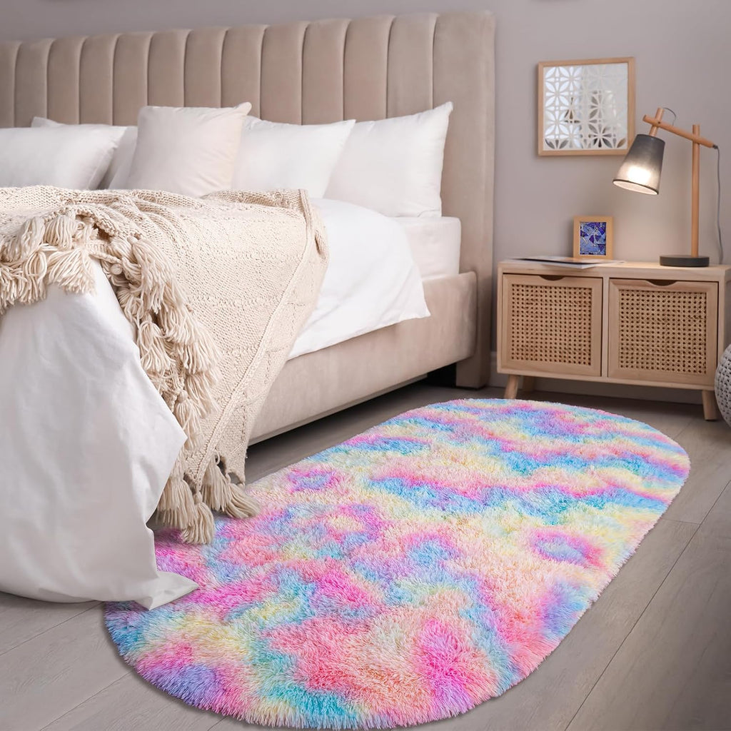 Fluffy Shag Area Rug for Bedroom Set of 2, Grey & Rainbow Oval Carpet k7m