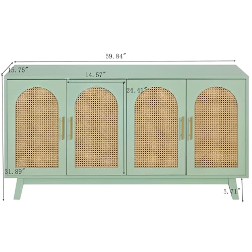 Sideboard Storage Cabinet with Rattan Decorated 4 Doors Mint Green k7p
