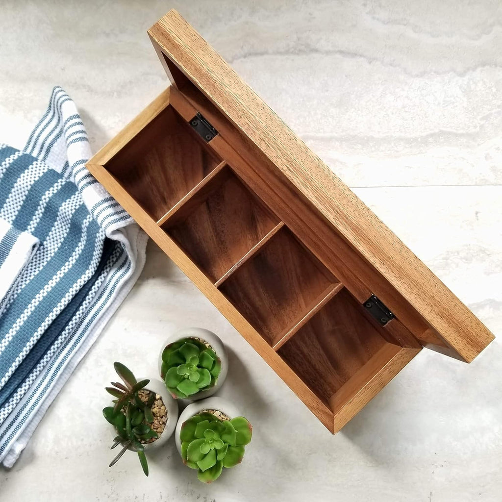 Acacia Wood Tea Box with 4 Sections 8x