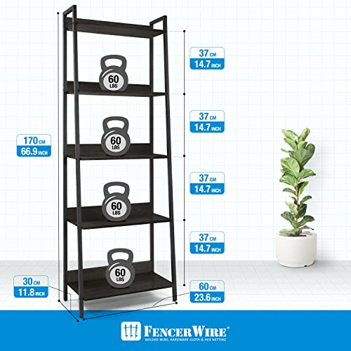 Fencer Wire 5 Tier Ladder Bookshelf, 24 Inch Width, Black Wooden Shelves a7