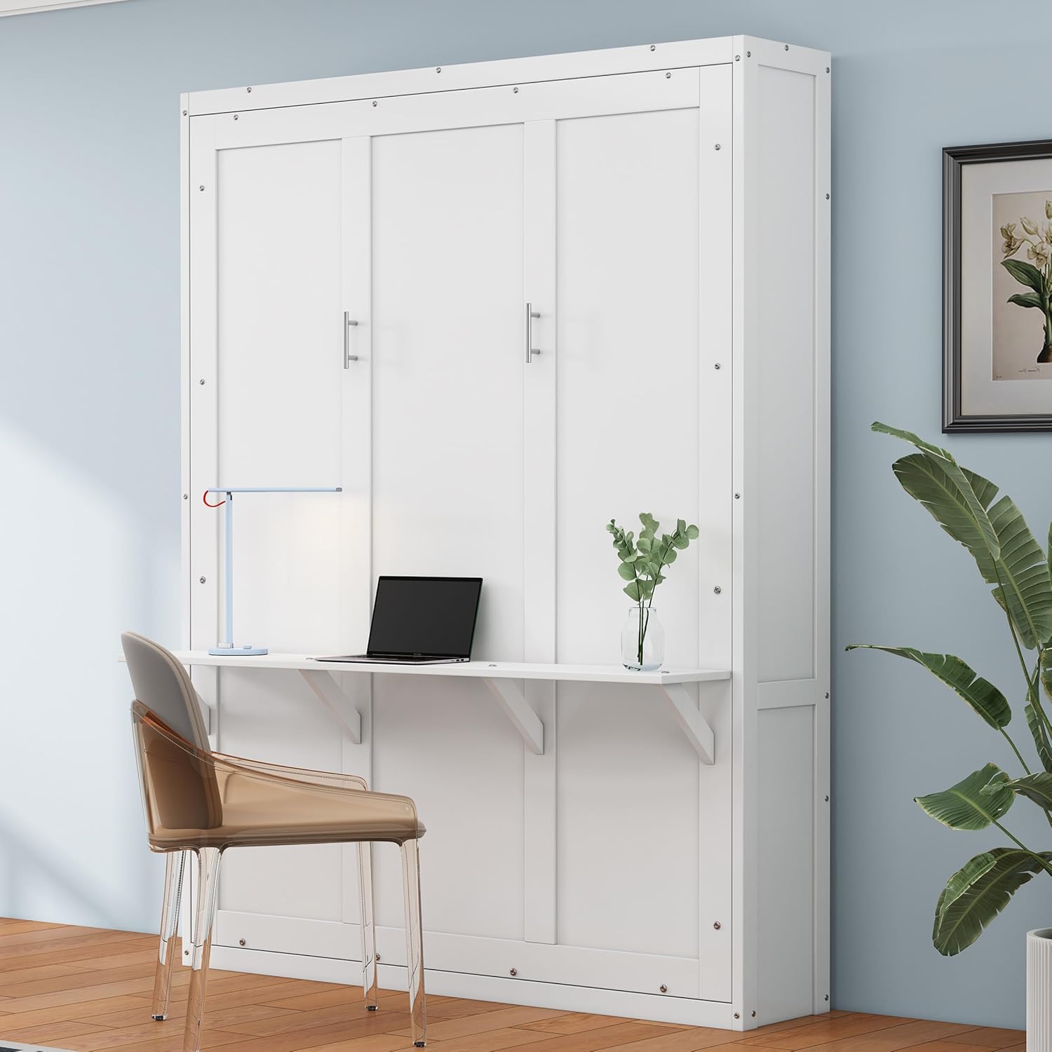 Queen Size Murphy Bed Chest with Desk and Side Storage Cabinet White a7