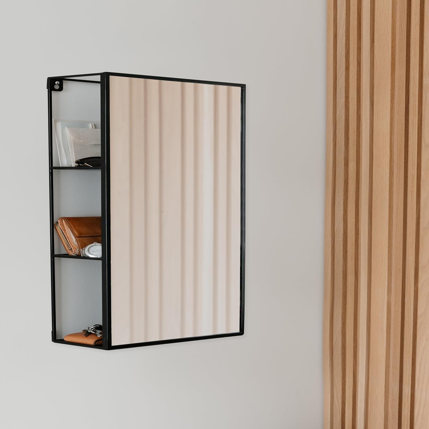 Black Metal Bathroom Mirror Cabinet 3 Shelves k7
