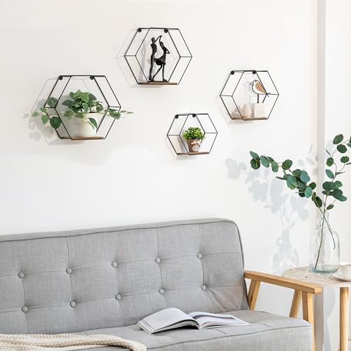 Hexagon Shelves Black Metal Wall Mount Set of 4 k7