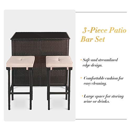 Outdoor Bar Set 3-Piece Brown Wicker Patio Furniture with Cushions q7m