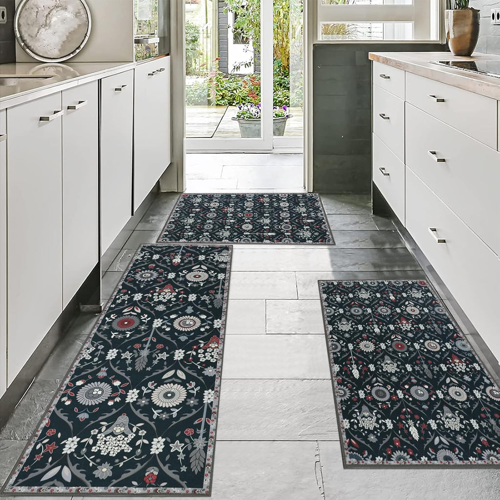 Moroccan Trellis Kitchen Rug Set of 3 Non Slip Floral Floor Mats k7q