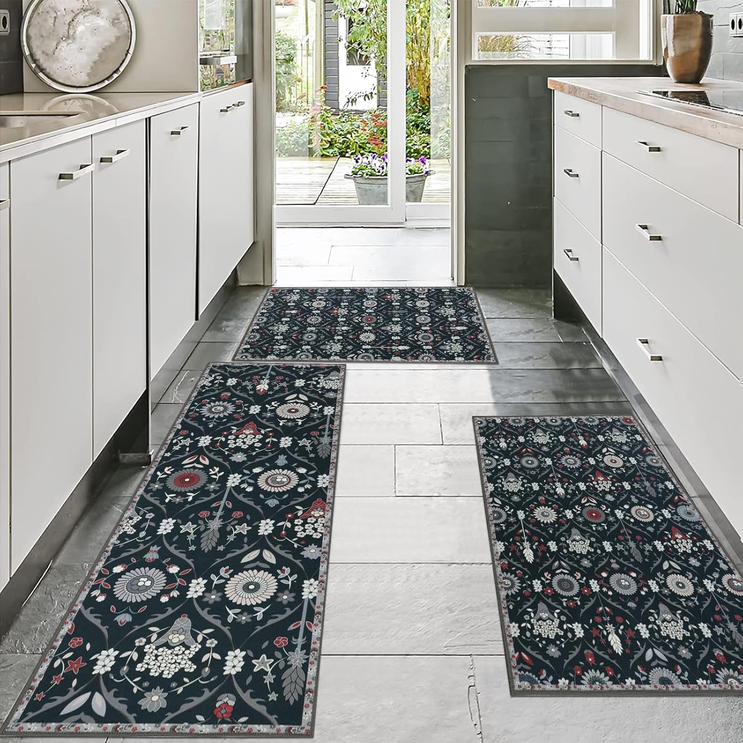 Moroccan Trellis Kitchen Rug Set of 3 Non Slip Floral Floor Mats k7q