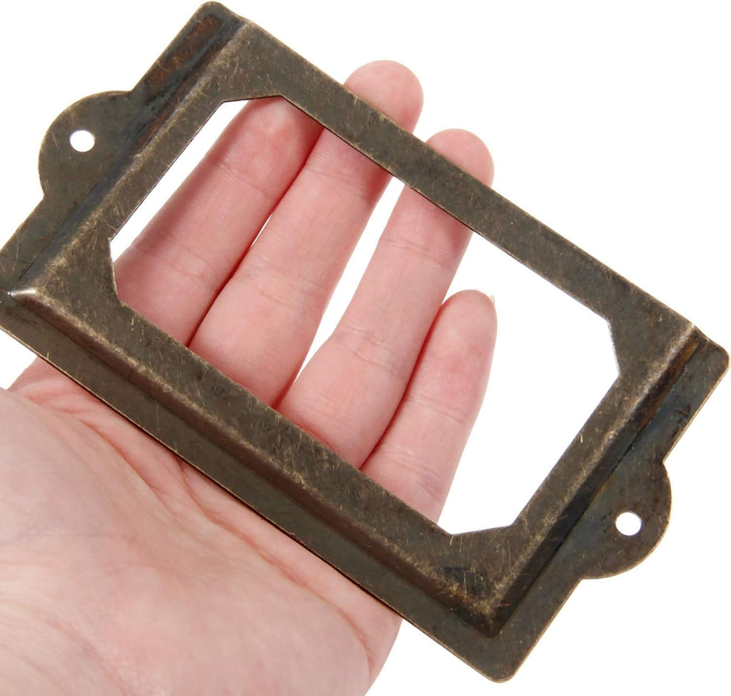 4 PCS Antique Tag Label Frames File Name Card Holder Bronze Drawer Pull Labels Holders for Office File Case Library Drawer Medicine Cabinet Apothecary Furniture (Length:3-1/2", Height:1-5/8")