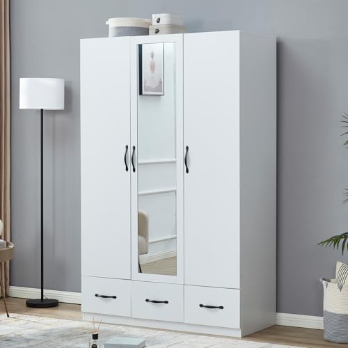3-Door Armoire Wardrobe Closet Storage, Wood 3 Drawers White Closet Cabinet for Large Capacity with Hanging Rod and Metal Handles for Tall Cabinet Closet 47.3" L x 20.3" W x 74.2" H